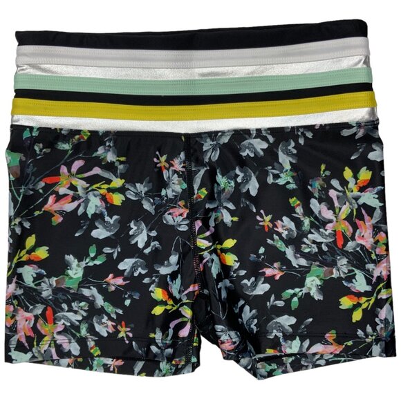 Urban Savage Floral Print Bike Shorts S Black Striped Logo Athleisure Athletic - Picture 1 of 12